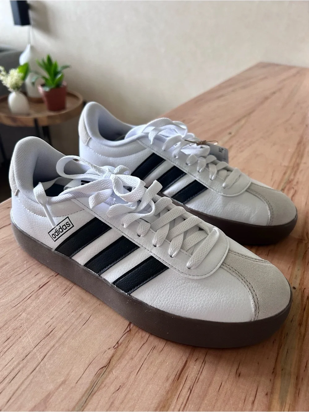 adidas White Leather Sneakers with Black Stripes and Brown Sole - Picture 2 of 4